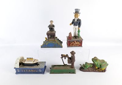 Lot of 5 Vintage Reproduction Cast Iron Banks. Including Magician - Missing Plug, Titanic 