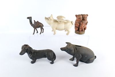 Lot of 5 Vintage Reproduction Cast Iron Animal Banks. Including Pig, Flying Pig, Three Little 