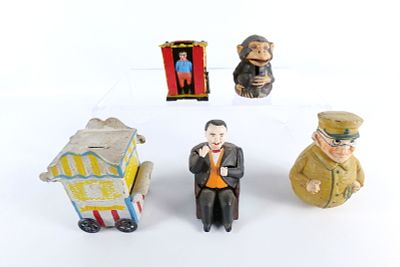 Lot of 5 Vintage Reproduction Cast Iron Banks. Including Train Conductor, Bits and Pieces 