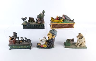 Lot of 5 Vintage Reproduction Cast Iron Animal Banks. Lot of 5 Vintage Reproduction Cast Iron 
