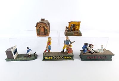 Lot of 5 Vintage Reproduction Cast Iron Banks. Including 2 Baseball Banks, Football Bank, Magic 