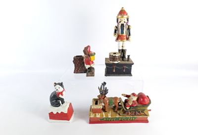 Lot of 4 Vintage Reproduction Cast Iron Christmas Banks. Lot of 4 Vintage Reproduction Cast Iron 