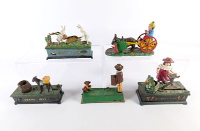 Lot of 5 Vintage Reproduction Cast Iron Banks. Including Kicking Mule, Monkey Bank, Farmer on 