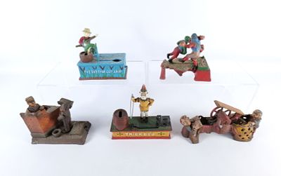 Lot of 5 Vintage Reproduction Cast Iron Banks. Including The One That Got Away, Mason Bank 