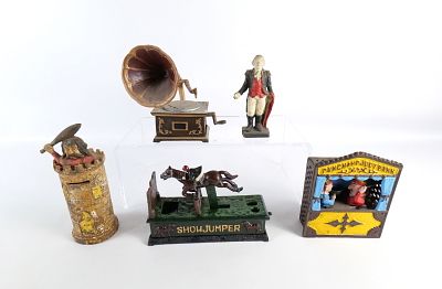 Lot of 5 Vintage Reproduction Cast Iron Banks. Including Punch and Judy, Showjumper, Phonograph 