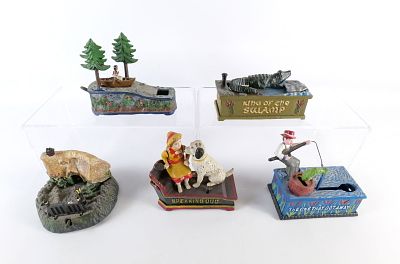 Lot of 5 Vintage Reproduction Cast Iron Banks. Including The One That Got Away, King of the 