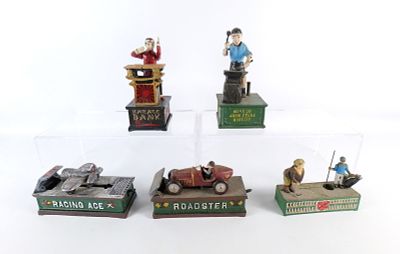 Lot of 5 Vintage Reproduction Cast Iron Banks. Including Karate Bank, Bank on John Deere 