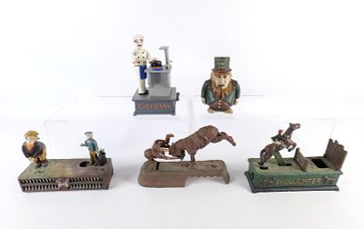 Lot of 5 Vintage Reproduction Cast Iron Banks. Including Birdie Putt, Mule Bank, Showjumper - 