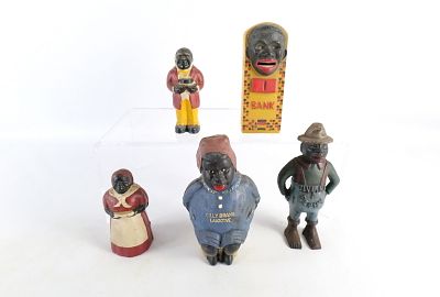 Lot of 5 Vintage Reproduction Cast Iron Banks. Including Give Me a Penny, Aunt Jemina, Uncle 