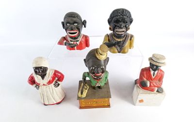Lot of 5 Vintage Reproduction Cast Iron Banks. Including Dinah, Stump Speaker, Jolly Man, Mamma 