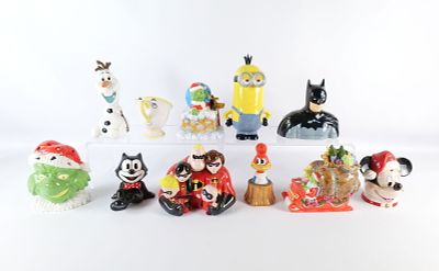 Group Lot of 11 Ceramic Character Banks. Including Grinch, Mrs. Potts - Wear to Paint, Mickey 