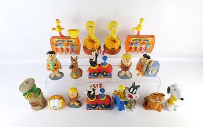 Lot of Various Cartoon Character Banks. Including Fred and (2) Barney, Garfield Head and Full 