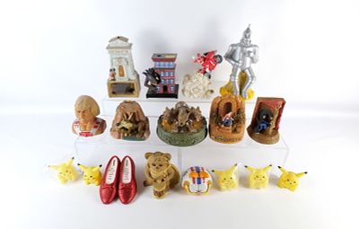 Lot of Assorted Pop Culture Banks. Mostly Plastic. Including Tin Man, Godzilla, Red Power 