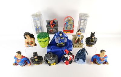 Lot of Superhero Banks. Including Batman Bust, Hulk - Missing Plug, Harley Quinn - Scuffing, 2 
