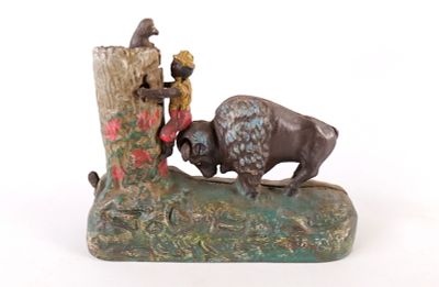 Vintage Reproduction Mechanical Cast Iron Buffalo Bank - Book of Knowledge. Measures 6" tall. 