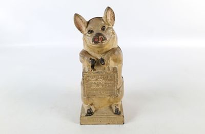 Antique J.M.R. Hubley Thrifty the Wise Pig Cast Iron Still Bank. Wear to paint. Measures 6.75" 