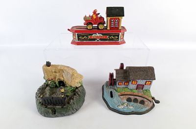 Lot of 3 Vintage Reproduction Bits and Pieces Mechanical Cast Iron Banks. Including Fire Truck 
