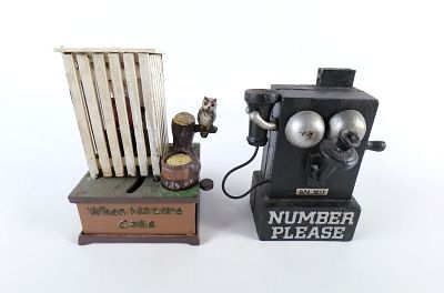 Lot of 2 Vintage Hawthorne Direct Reproduction Mechanical Cast Iron Banks. Including Number 