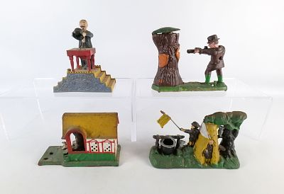 Lot of 4 Vintage Reproduction Cast Iron Mechanical Banks. Including Horse and Dog, Hunter with 