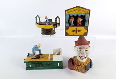 Lot of 4 Vintage Cast Iron Reproduction Mechanical Banks. Including Bowling, Punch and Judy 