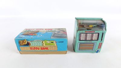 Lot of 2 Tin Litho Banks. Including Mechanical Happy Hippo Bank in Original Box and 