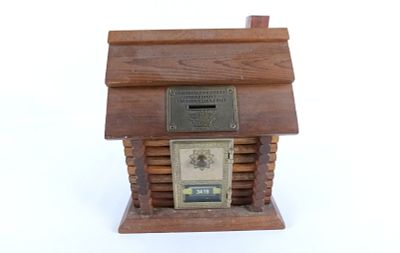 United States Post Office Log Cabin Bank. Made from Original Lock Boxes from USPS. Measures 