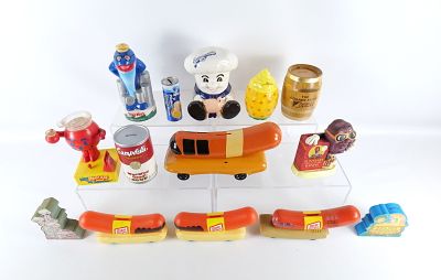 Lot of Food Advertising Novelty Banks. Including Campbell's Soup, Dole Pineapple, 4 Oscar Meyer 