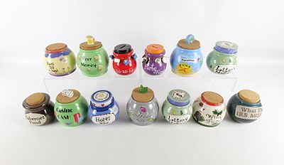 Lot of Ceramic Pot Banks. Including Vacation Fund, Rainy Day Fund, Beer Money, Cabernet Fund 