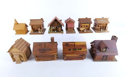 Lot of Wooden Cabin Banks. Including Hansel and Gretel, Homemade Popsicle, Log Cabin Banks 