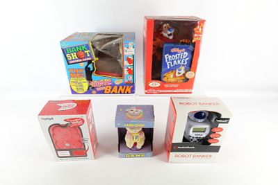 Lot of 5 Assorted Novelty Banks - In Original Boxes. Including Lamb Chop, Robot Banker, Bank 