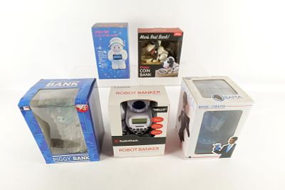 Lot of 8 Assorted Banks - In Original Boxes. Including Doggy Coin Bank, Space Kid Bank and 