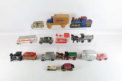 Lot of Assorted Material Vehicle Banks. Including Metal, Wooden, Plastic and Cardboard. One has 