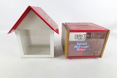 Lot of 2 Ronald McDonald's Banks. The wood on the square bank is coming loose on the one side 