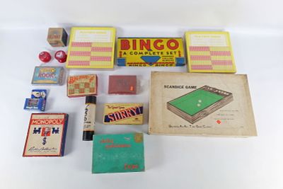 Group Lot of Vintage Toys and Games. Including Sorry, Slinky, Scandice Games, Bingo, and More. 