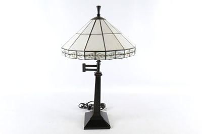 Tiffany Style Stained Glass Mission Style Table Lamp. Base has a crack. Measures 23" tall x 