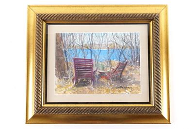 Framed Watercolor by Dorothy Lerkowicz. Depicting 2 Empty Chairs by Water with Trees. Measures 