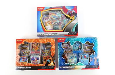 Lot of 3 Pok&eacute;mon Ex Box Sets. Including Roaring Moon Ex, Charizard Ex, and Gyarados Ex. All 