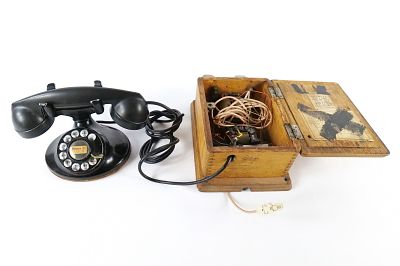 Lot of 2 Vintage and Antique Phones. Including Antique Telephone Ringer Box in Solid Wooden 