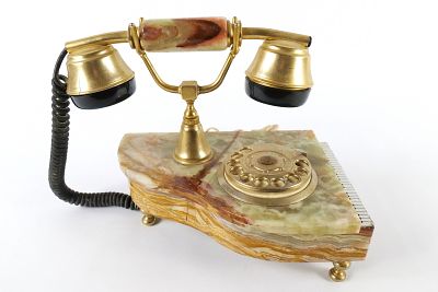Vintage Onyx Marble with Brass Rotary Telephone. In the form of a Piano. Rotary dial is loose. 