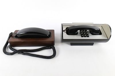Lot of 2 Vintage Push Button Western Electric Telephones. Including Executive Phone on Wooden 