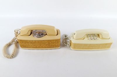 Lot of 2 Vintage Western Electric Rattan/Wicker Telephones. Including one Rotary and other Push 