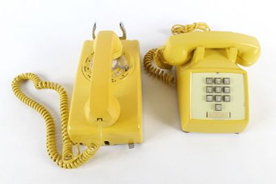 Lot of 2 Western Electric Yellow Telephones. Including Wall Hanging Rotary and Push Button Desk 