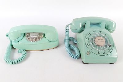 Lot of 2 Vintage Aqua Blue Rotary Telephones. Including Western Electric Desk Phone and 
