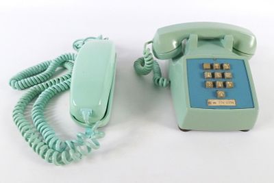 Lot of 2 Vintage Aqua Blue Western Electric Telephones. Including Push Button Desk Phone and 