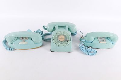 Lot of 3 Vintage Aqua Blue Western Electric Telephones. Including Rotary Dial Desk Phone and 2x 