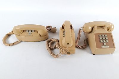 Lot of 3 Vintage Western Electric Beige Push Button Telephones. Including Wall Hanging, Desk 