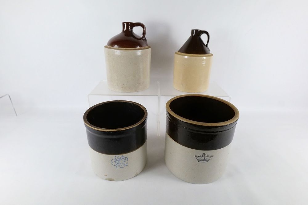 Lot 227: Lot of 4 Antique Two Tone Stoneware Jugs and Crocks