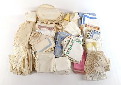 Lot of Vintage Linens. Including Napkins and Doilies. Including Holly Leaf, Blue and White 