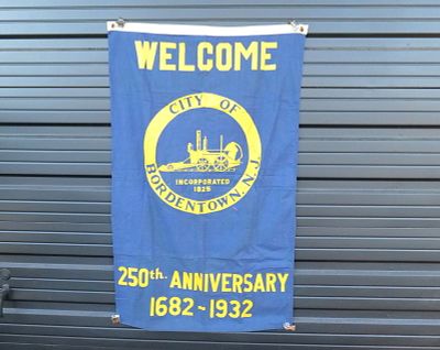 City of Bordentown NJ 250th Anniversary Flag. Dated 1682-1932. Some staining present. Some wear 