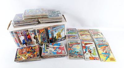 Long Box of Superman Comics. Including Action Comics, Adventures of Superman, Superman: Man of 